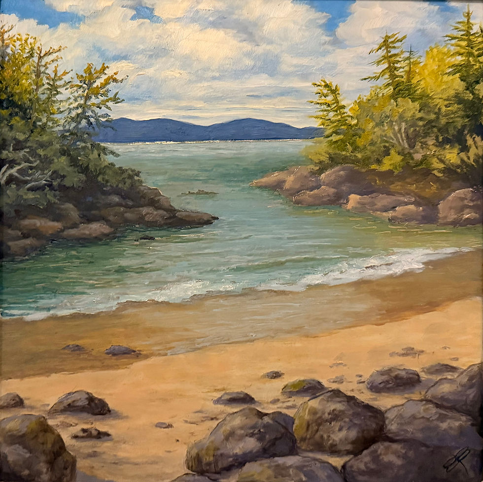 Northwest landscape oil painting ocean islands sandy beach rocky shoreline fine art on aluminum
