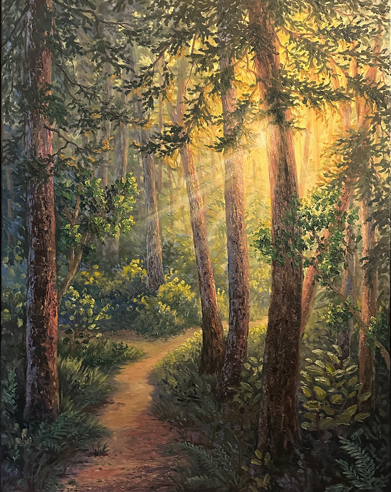 large canvas fine art oil painting of sunlight in forest trees landscape luxury home decor interior design Sandy Bridgewater