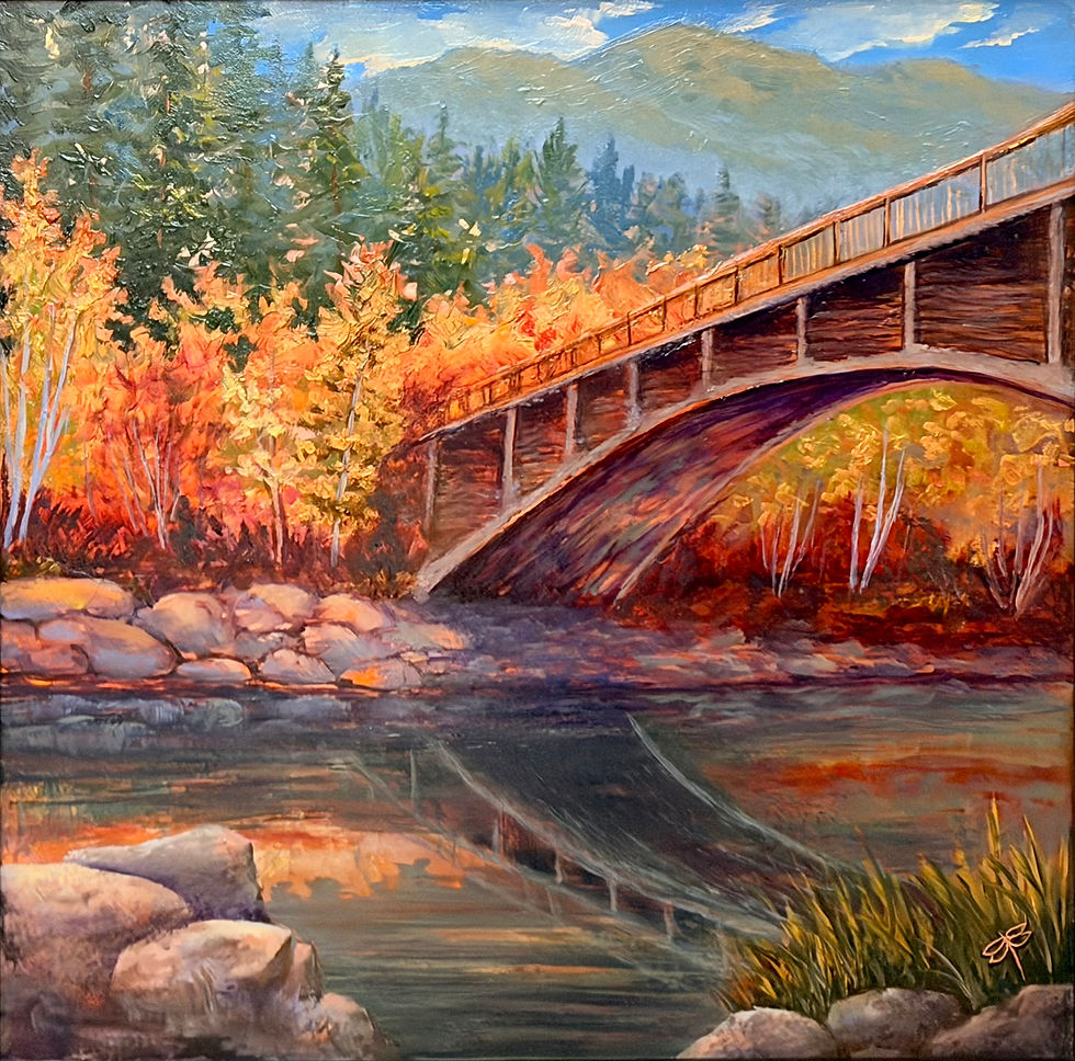 oil painting on fire patina copper metal landscape artwork fine art for sale river autumn bridge mountain forest
