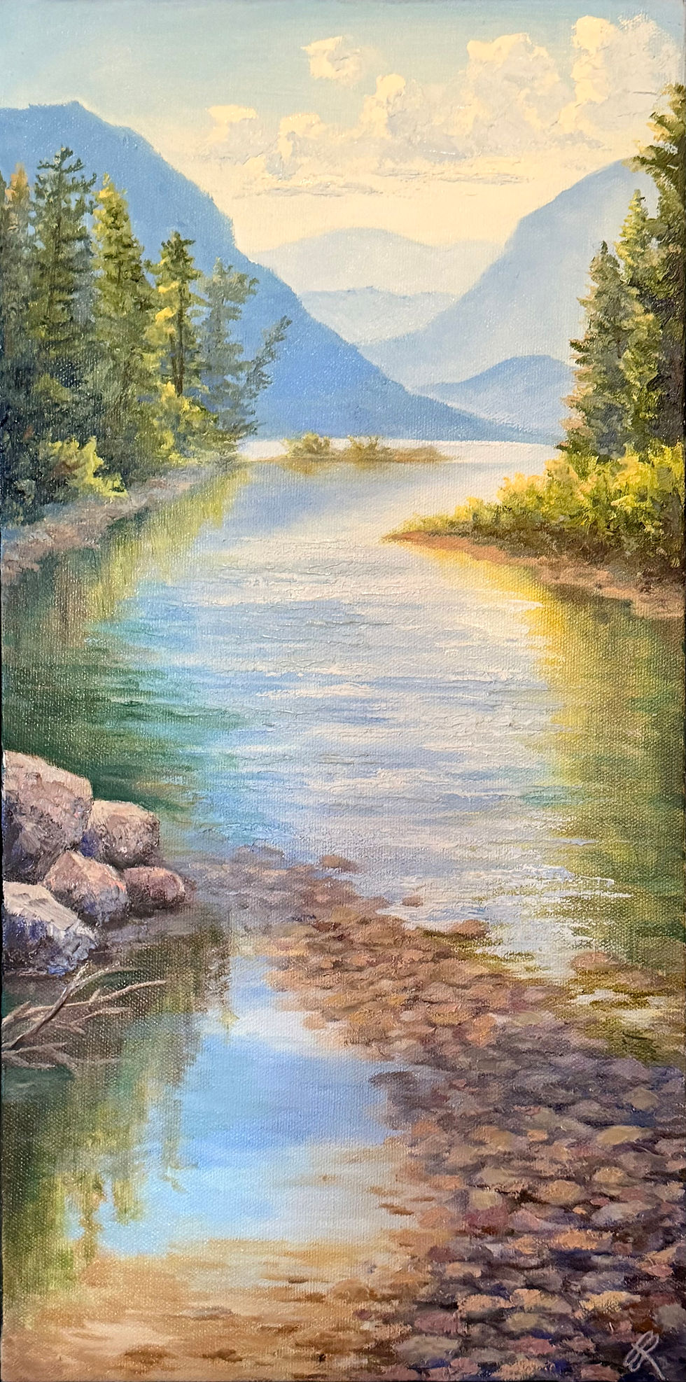 Fine art landscape oil painting of a river in Glacier National Park Montana Lake McDonald on Going to the Sun road