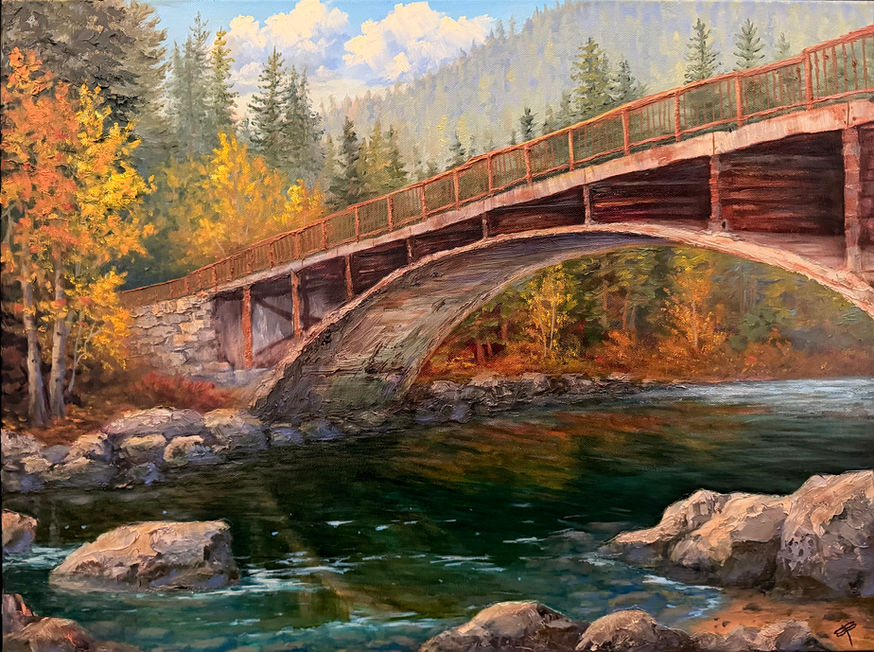 Belton Bridge Glacier National Park Montana Fine Art Landscape Oil Painting by artist Sandy Bridgewater