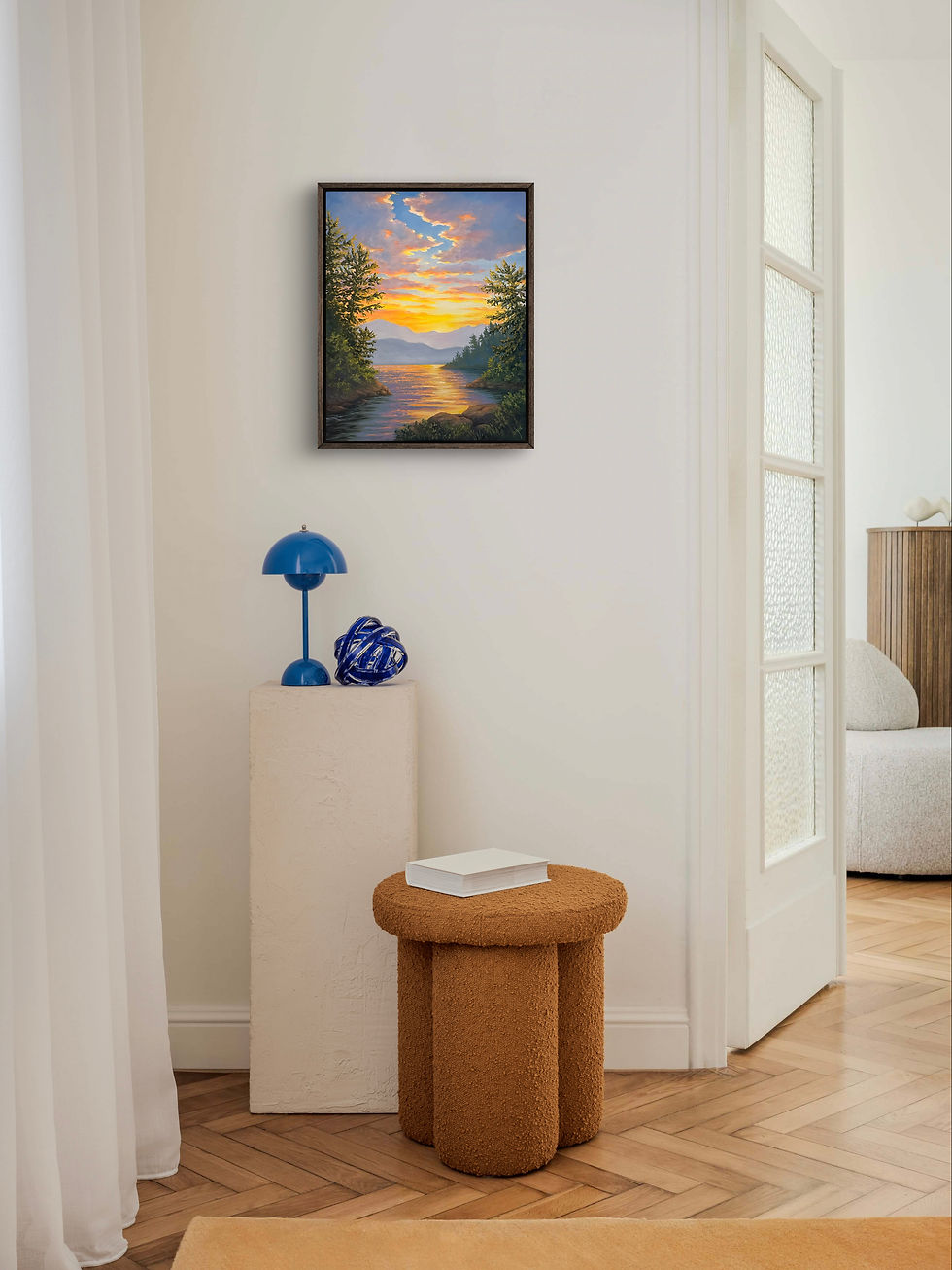 Thumbnail: Bright colorful oil painting sunset over the mountain lake with forest islands fine art for sale by artist Sandy Bridgewater