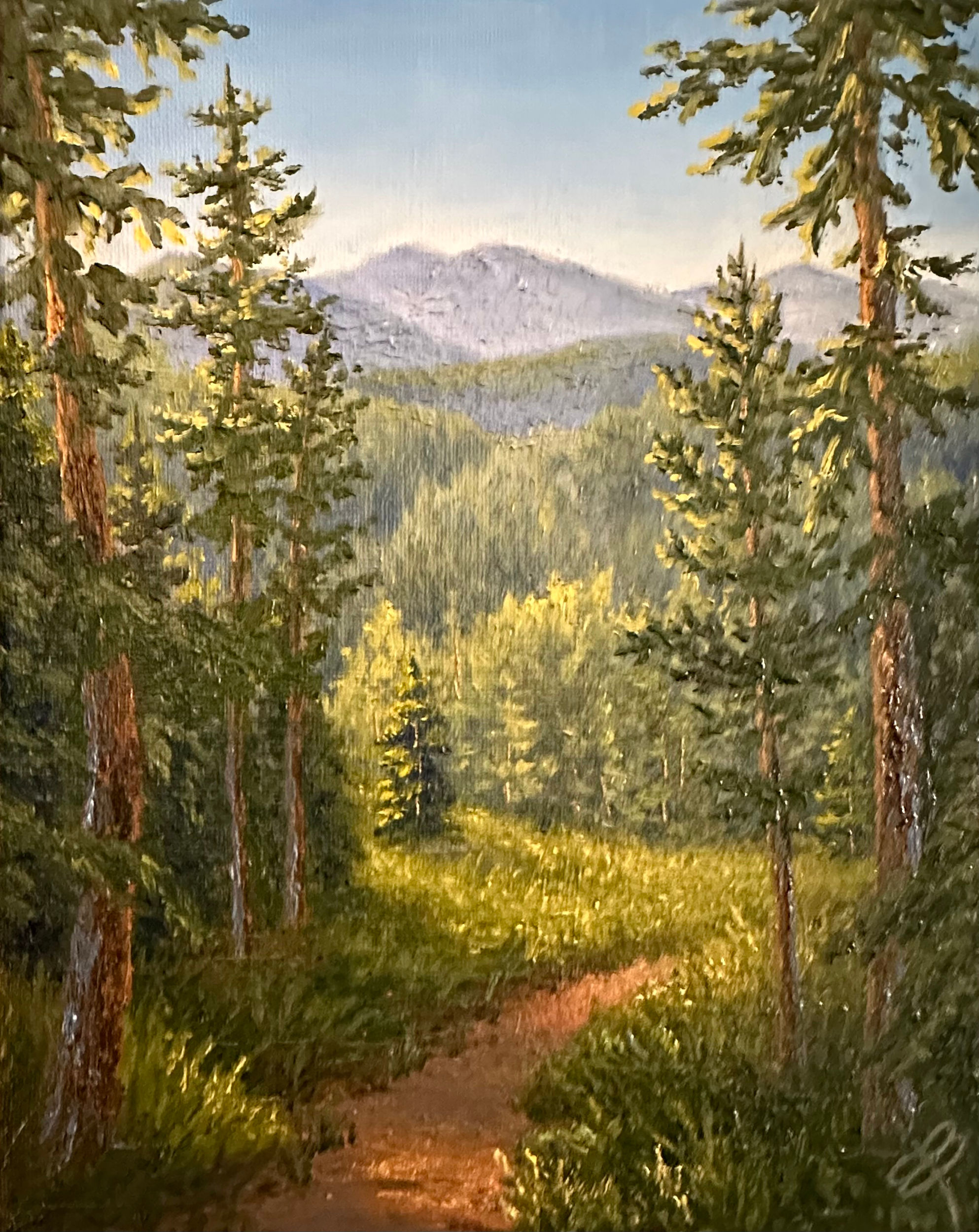 Forest path in the sunlight mountains oil painting on canvas fine art for sale small artwork