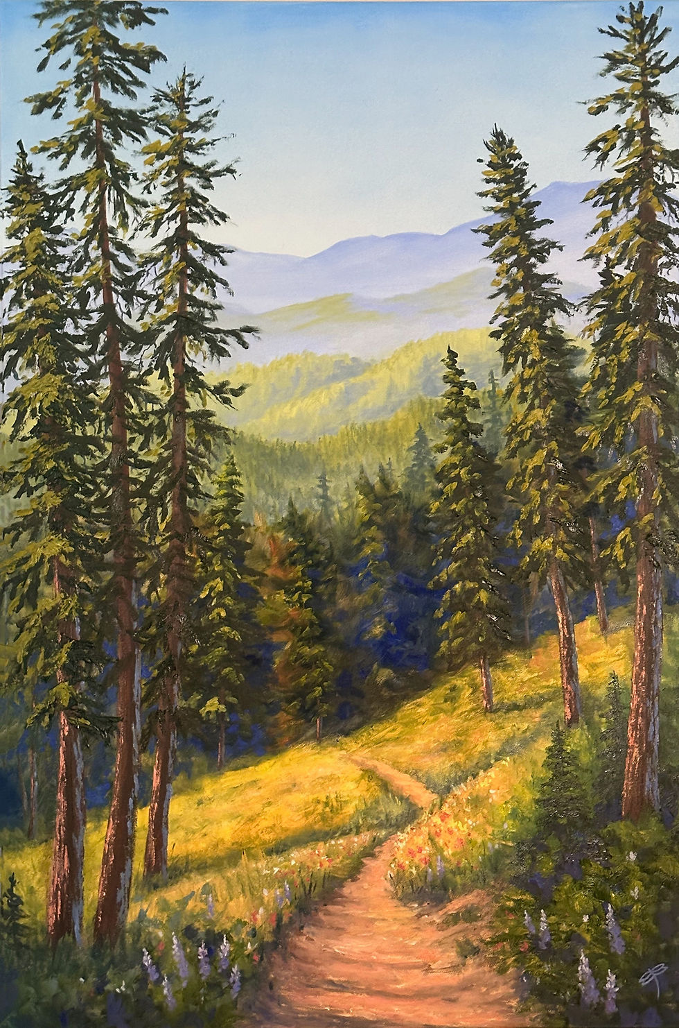 Sunny summer mountain hiking trail fine art landscape oil painting for sale collectable artwork