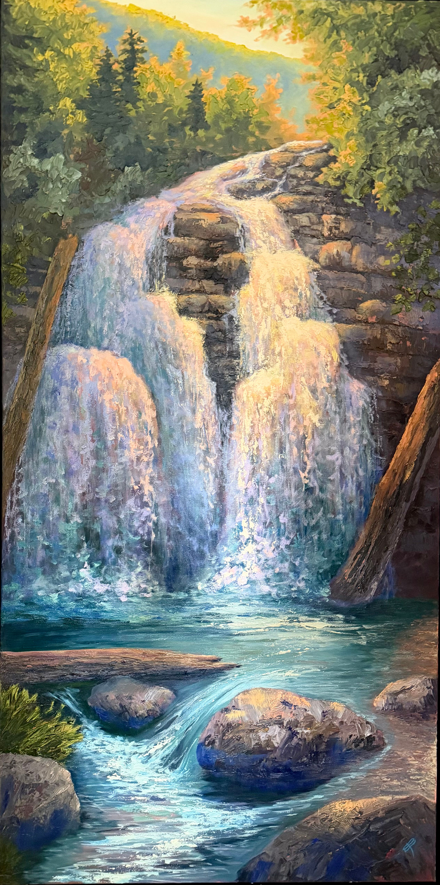 majestic cascade large scale landscape oil painting waterfall forest river scene artwork fine art by artist Sandy Bridgewater