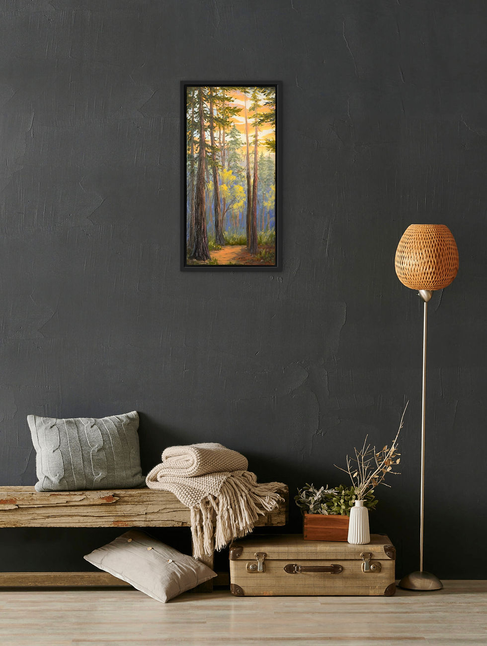 Thumbnail: landscape oil painting of sunset in the forest hiking path through tall trees art