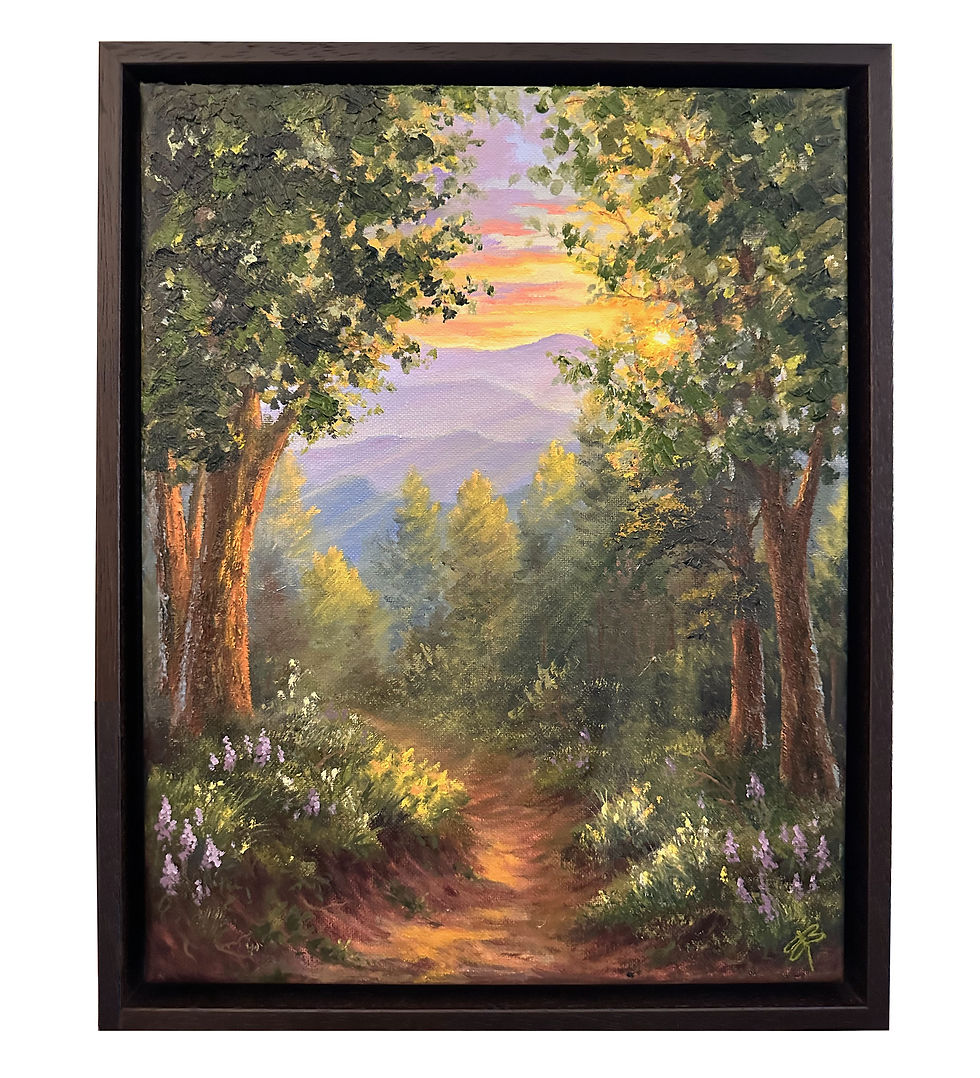 Sunset along a Mountain Forest Path framed Oil Painting Fine Art for Sale