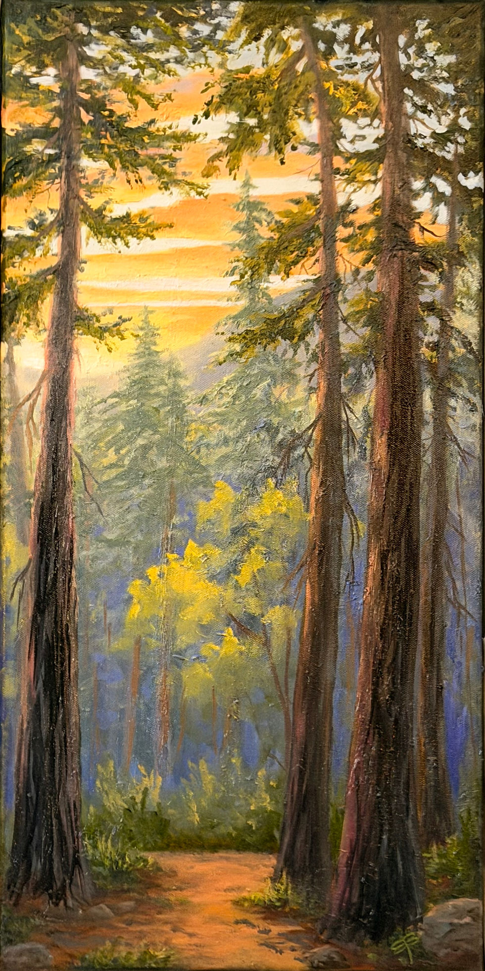 landscape oil painting of sunset in the forest hiking path through tall trees art