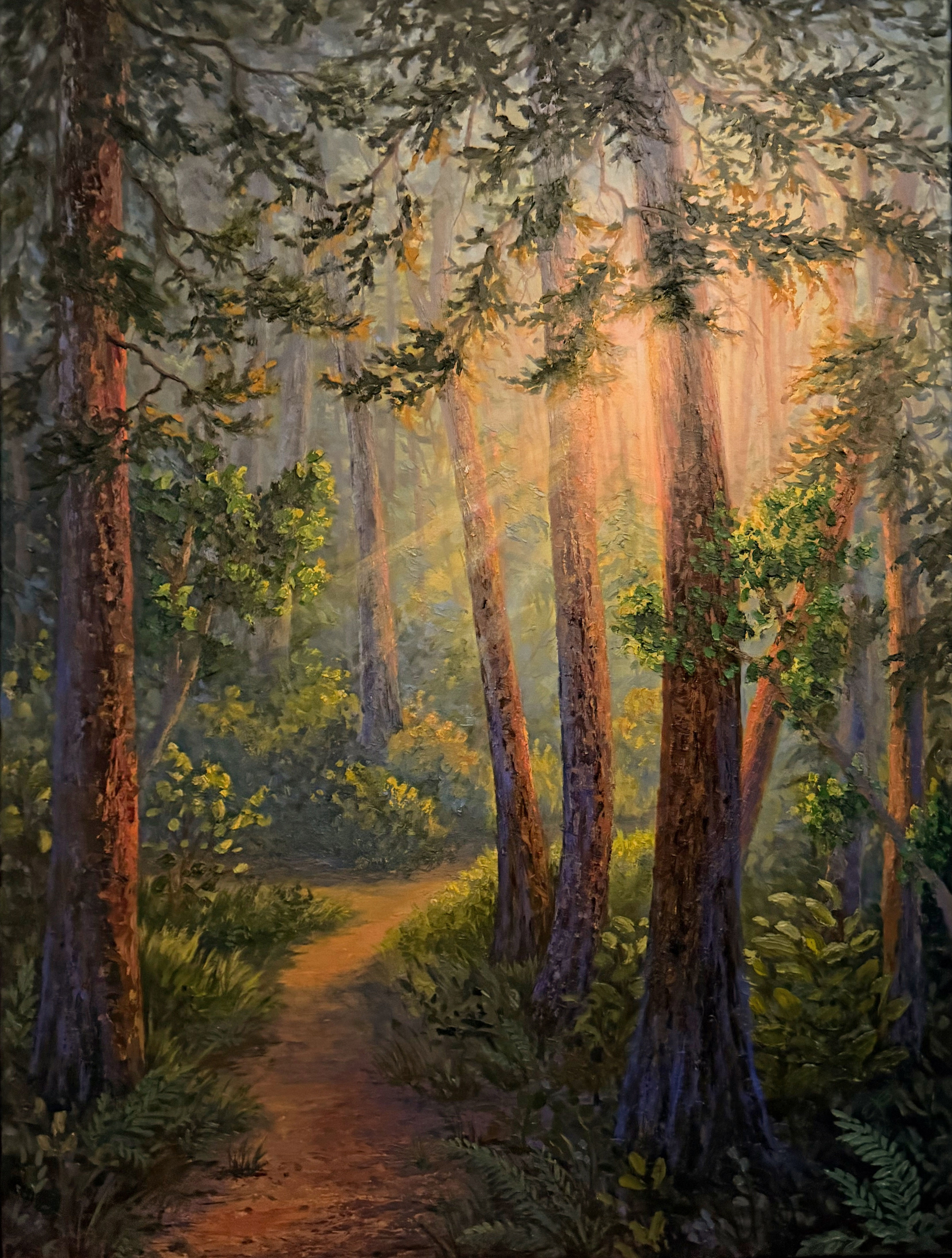 large canvas fine art oil painting of sunlight in forest trees landscape luxury home decor interior design Sandy Bridgewater