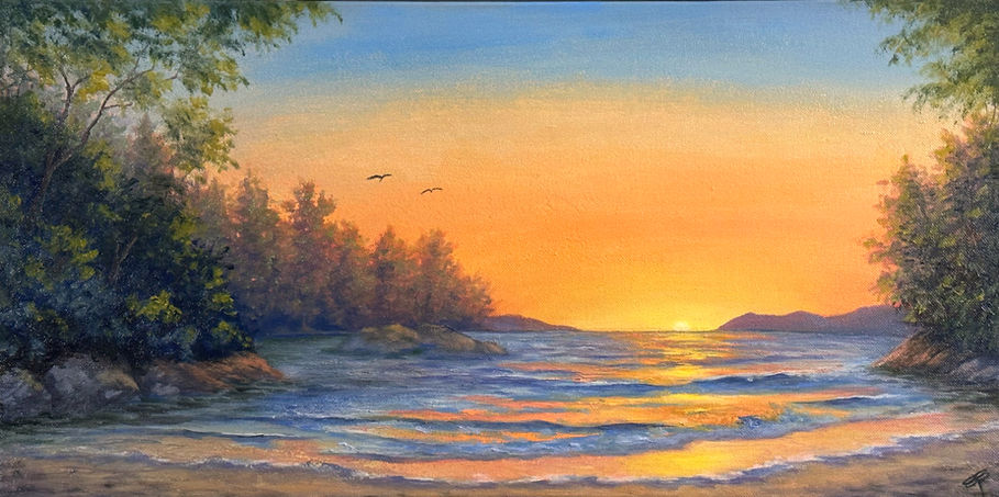 orange sunset lake fine art landscape oil painting for sale by artist Sandy Bridgewater Pacific Northwest Artwork