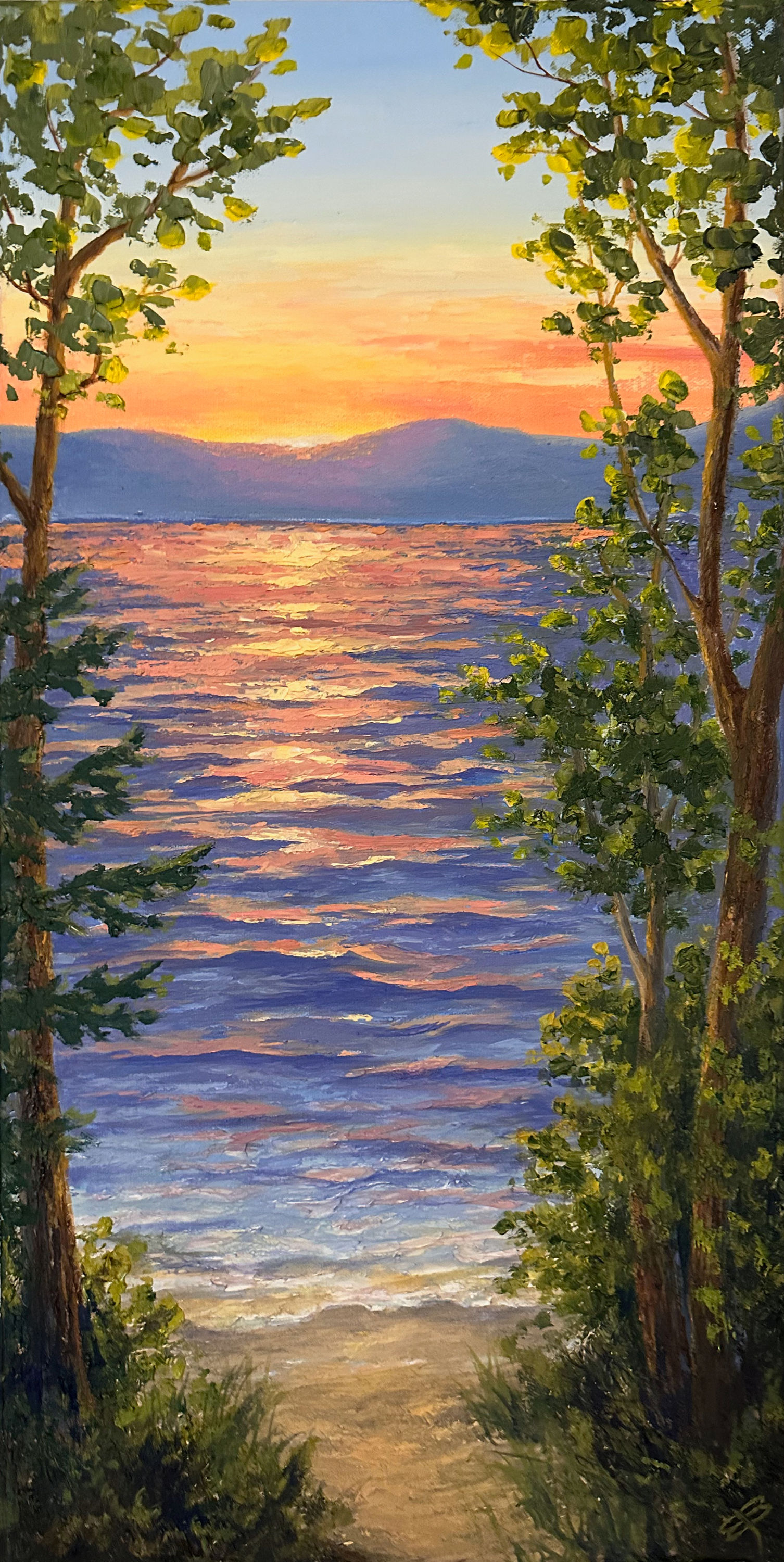 Colorful warm sunset over the mountain lake with the forest trees fine art oil painting for sale by artist Sandy Bridgewater