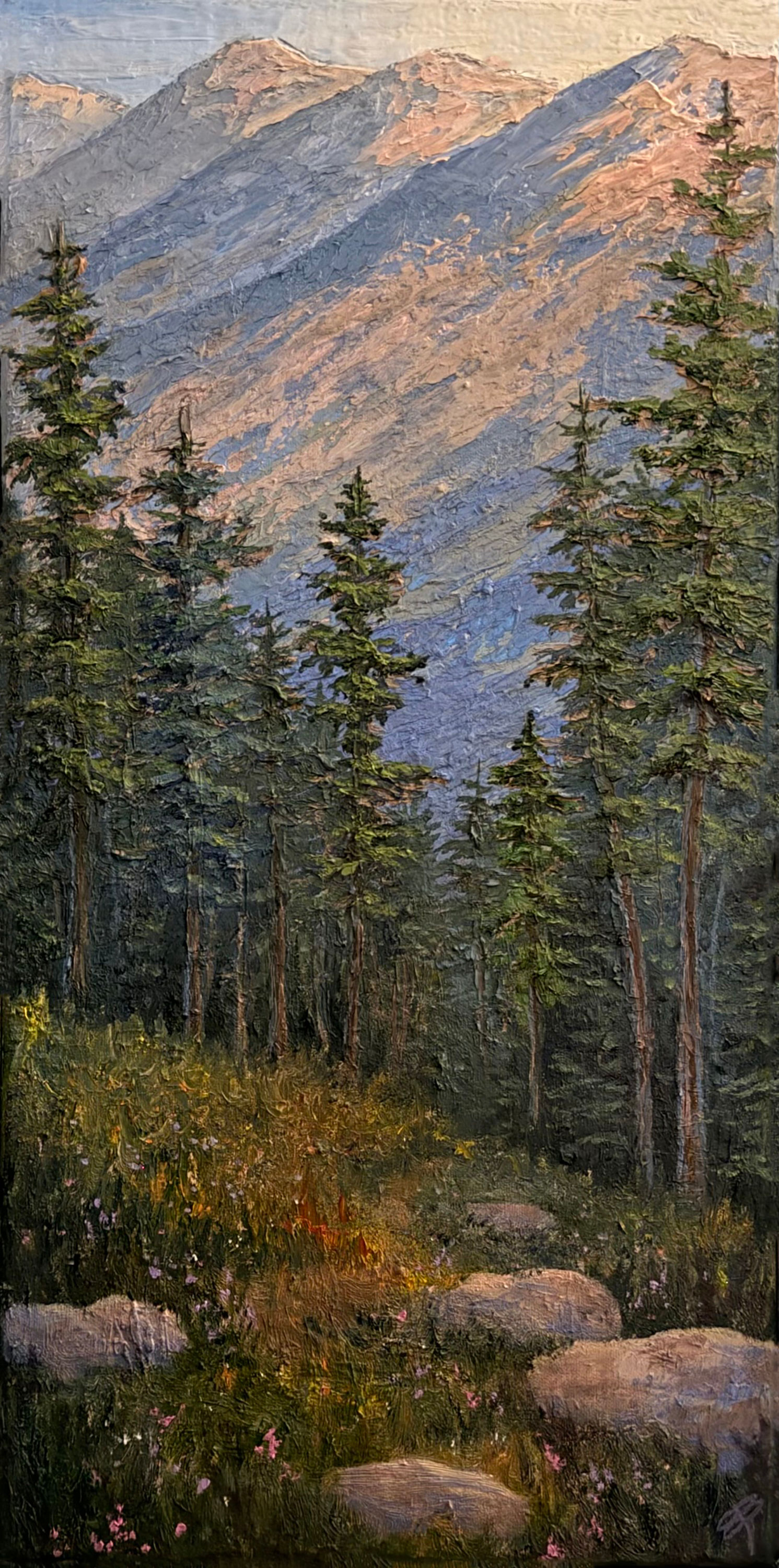 In the wilderness fine art landscape oil painting on canvas of forest path in the mountains at sunset