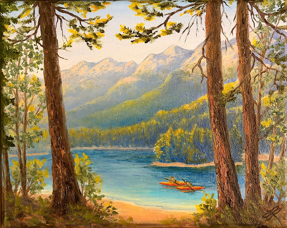 oil painting of turquoise blue lake water with the mountain range rising beyond from the forested shoreline fine art for sale