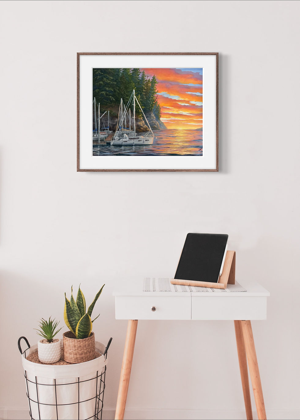 Thumbnail: Pacific Northwest ocean sunset oil painting with sailboats fine art for sale print