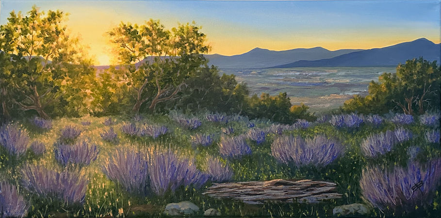 fine art oil painting of sunset in the southwest desert Colorado Utah colorful artwork for sale by artist Sandy Bridgewater