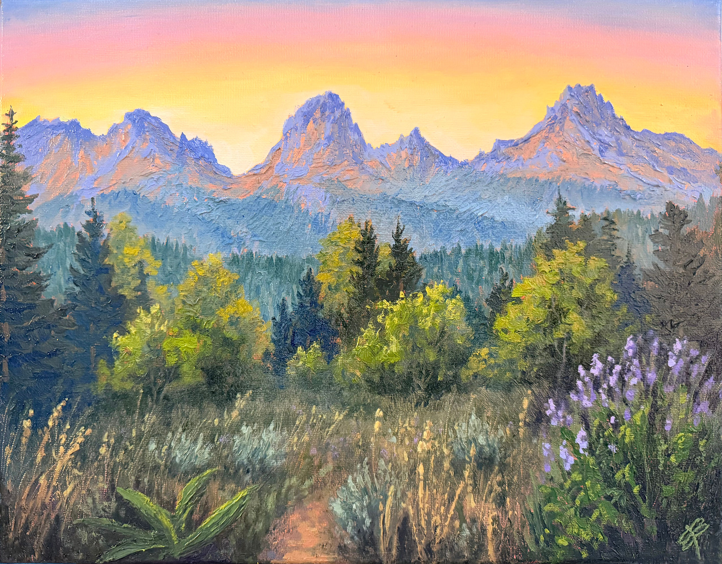 Jackson Wyoming Oil painting fine art landscape of the Grand Tetons National Park in Wyoming mountains at sunset western art