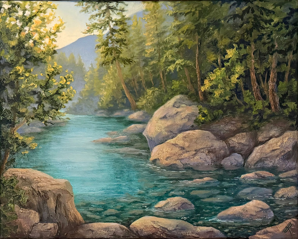 Thumbnail: turquoise colored river water in Glacier National Park Montana fine art landscape oil painting by artist Sandy Bridgewater