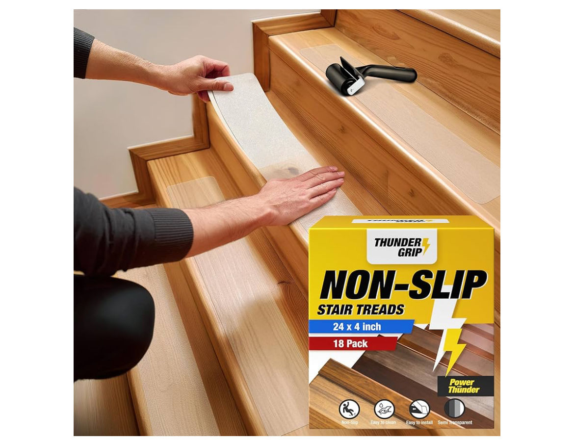 THUNDER GRIP 24"x4" Clear Non-Slip Stair Treads for Wooden Steps (18-Pack) - Sel