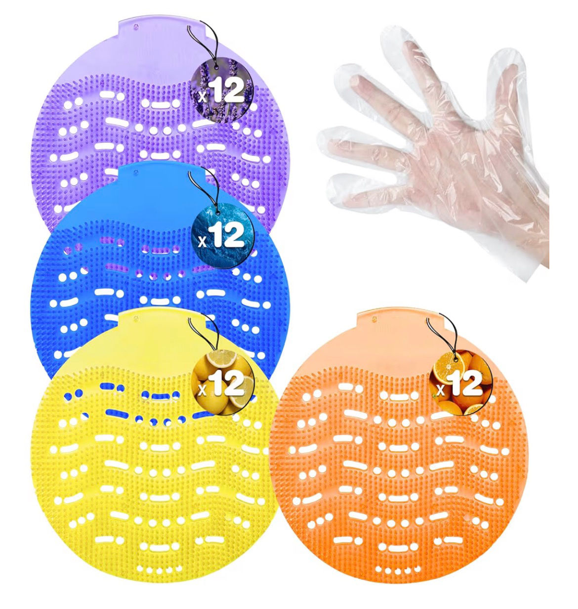 48 Pack Urinal Deodorizer Screen with 100 Gloves, 3D Wave Anti-Splash Odor Prote