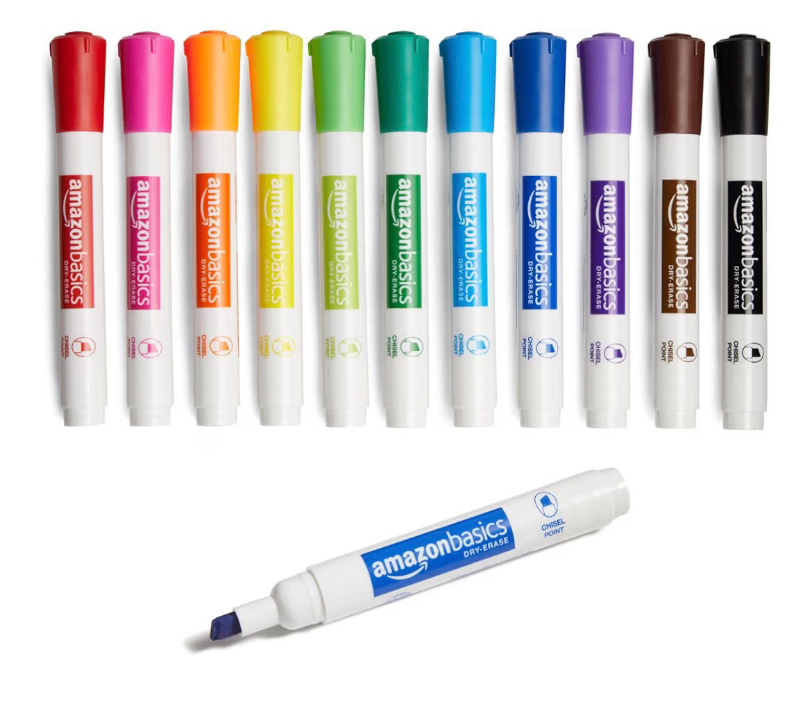 Amazon Basics Dry Erase Markers For Whiteboards, Chisel Tip, Low-Odor, Assorted 
