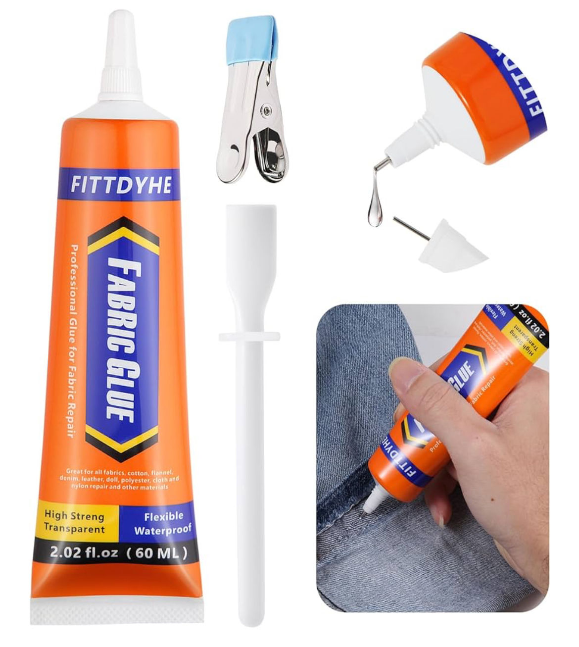 FITTDYHE Fabric Glue Permanent, 60 ML Washable Clear Clothing Glue, Super Fabric