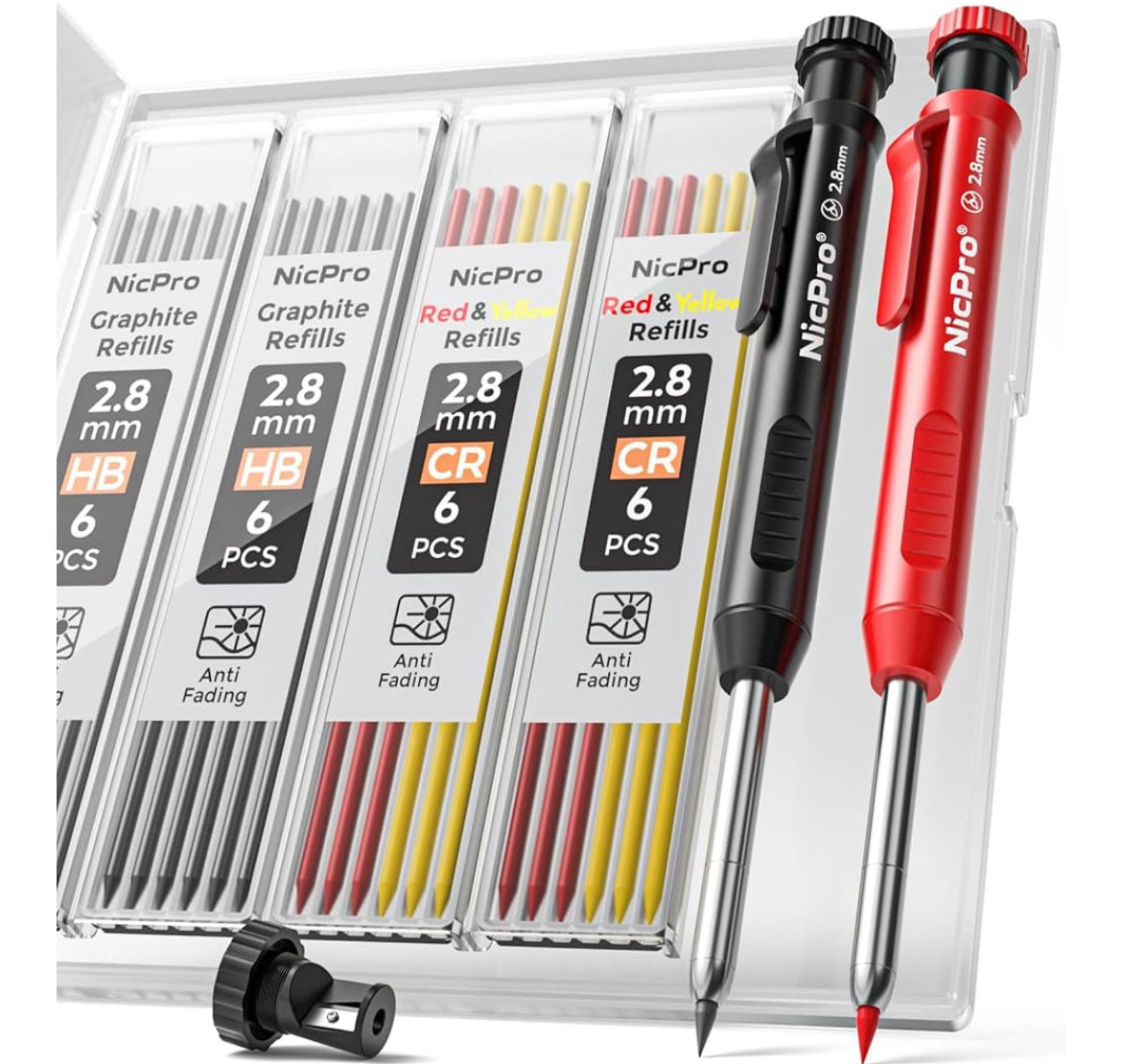 Nicpro Carpenter Pencil with Sharpener, Mechanical Pencils Set with 26 Refills, 