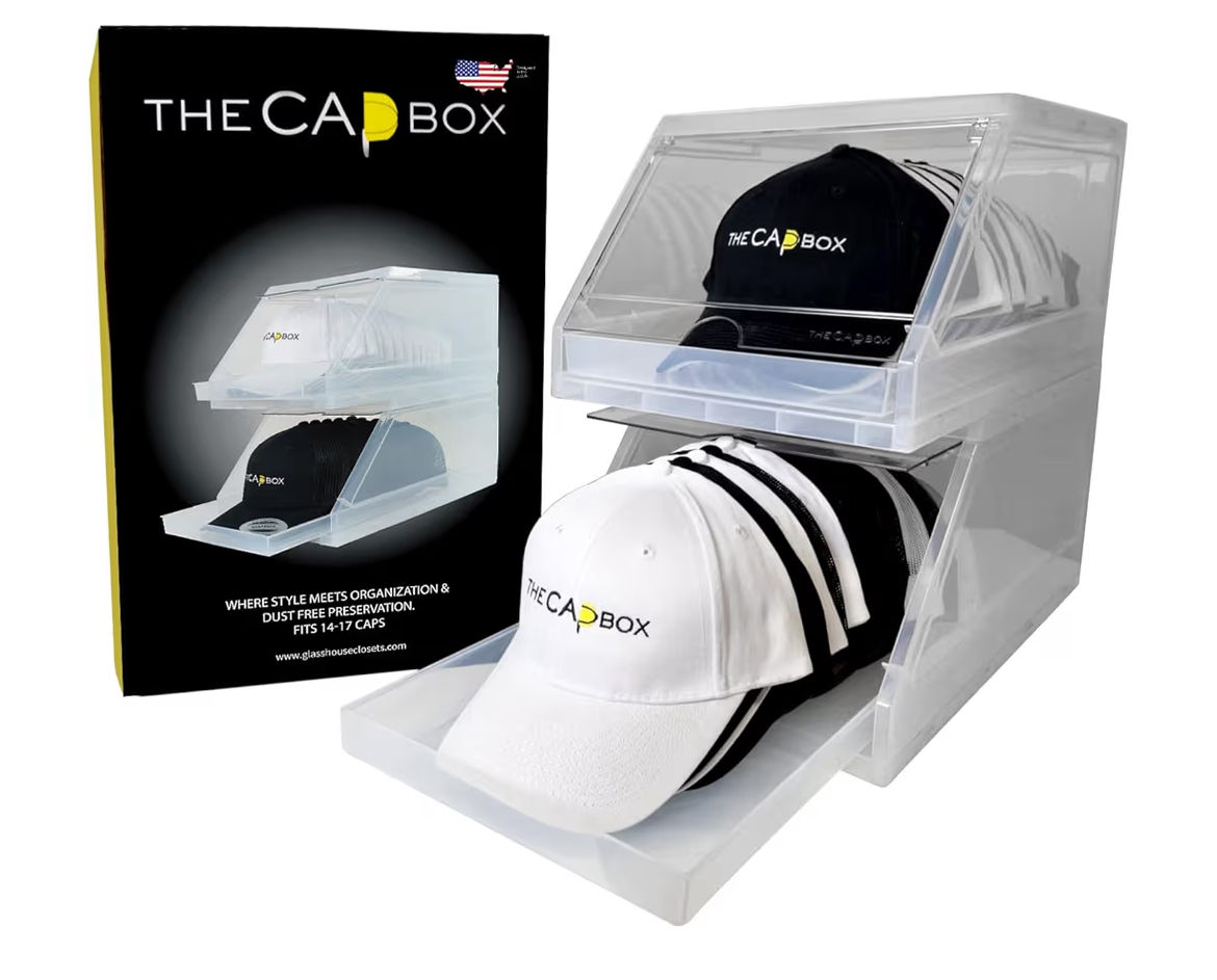 The CapBox 2.0 (2 Pack Clear) Hat Organizer for Baseball Caps, Stackable Sliding