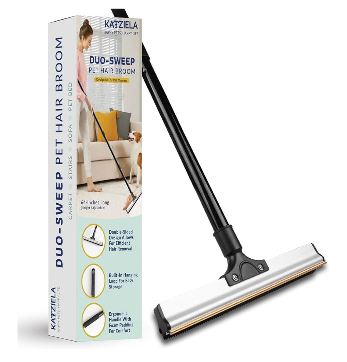 Katziela DuoSweep Broom – Dual-Sided Pet Hair Remover with Metal & Rubber Blade