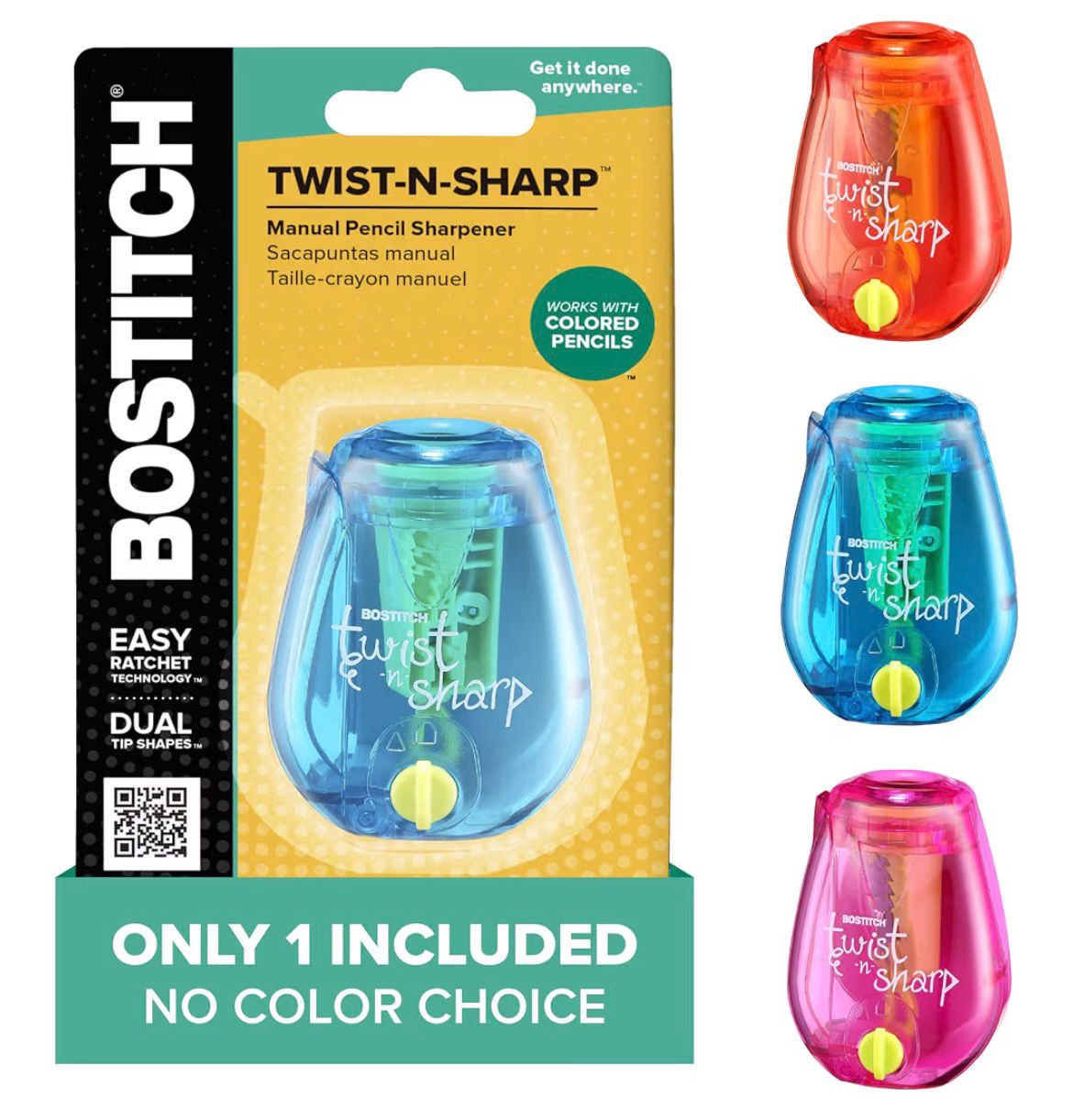 Bostitch Office Pencil Sharpener, Manual, One Assorted Color, Twist-n-Sharp, Kid