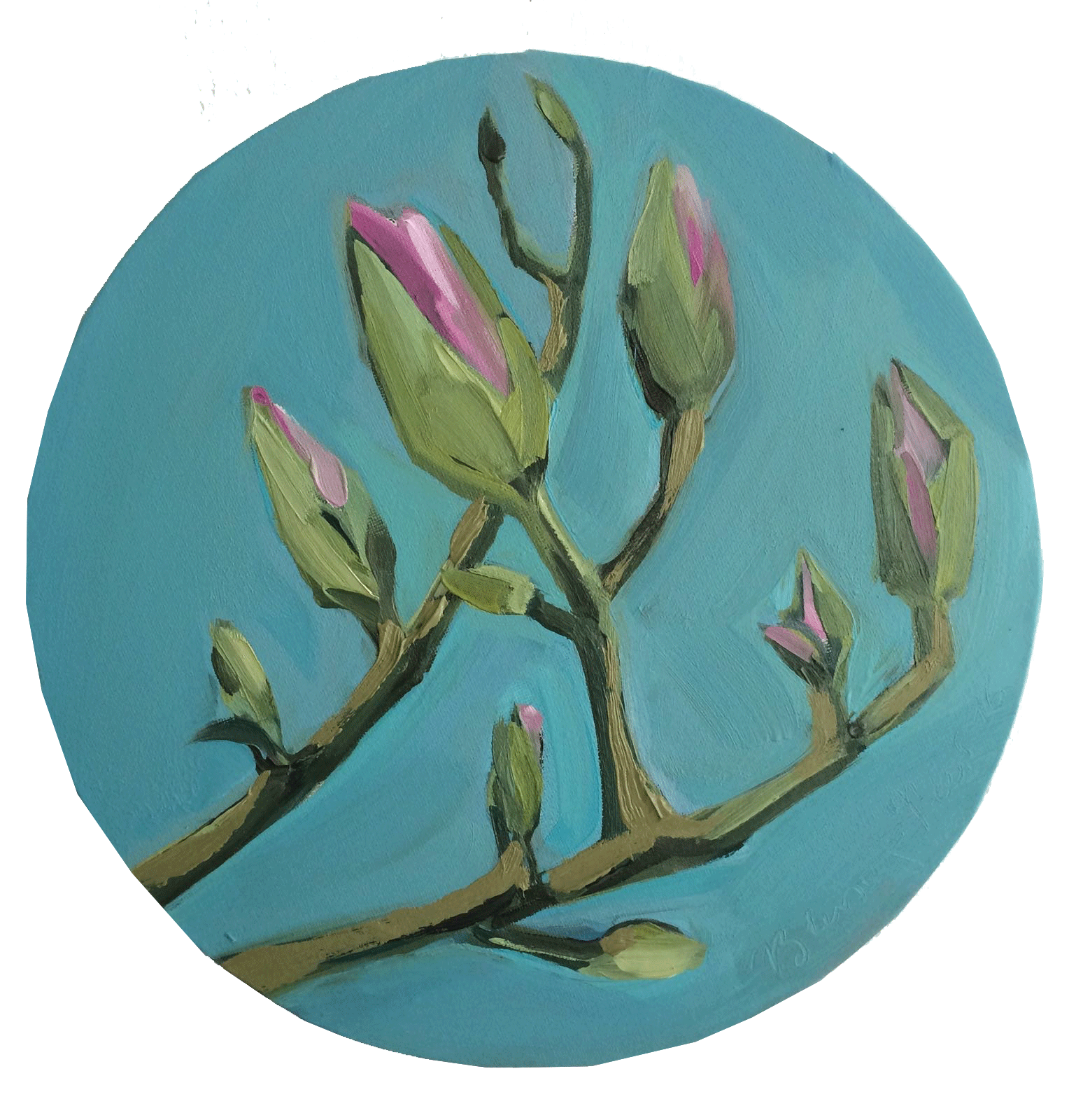 Frühling-Magnolie,-rund-30cm,-Öl-Leinwan