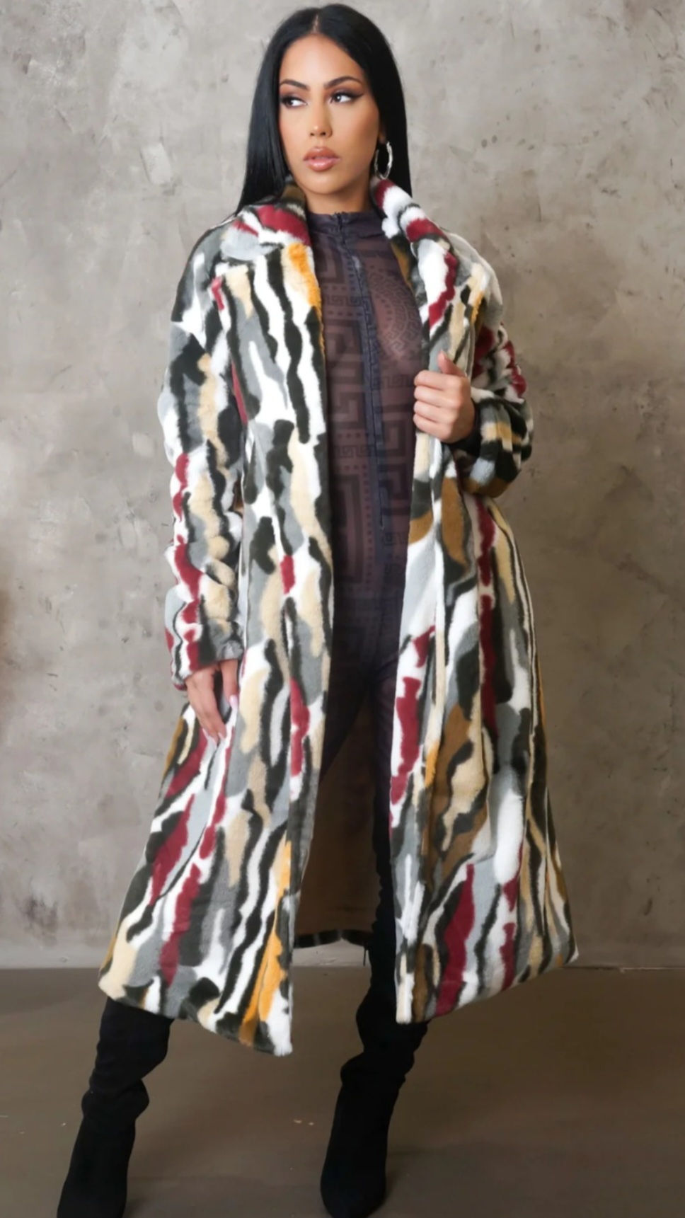 Thumbnail: Multicolor Tiger Stripe Print Faux Fur Long Coat