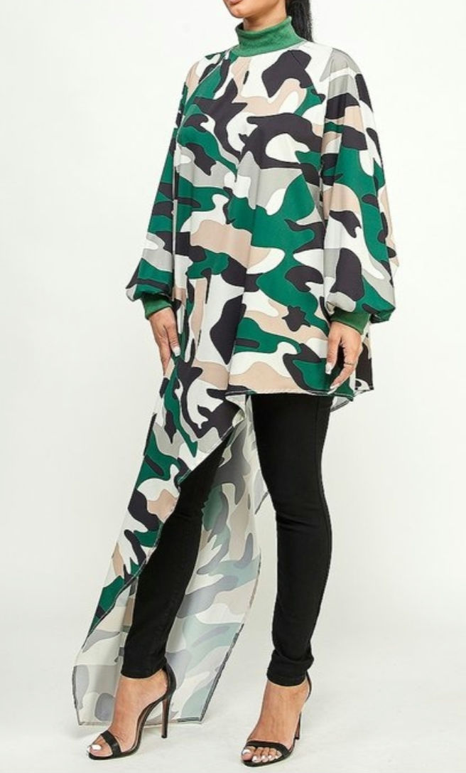 Green Camo Turtleneck High Low Top