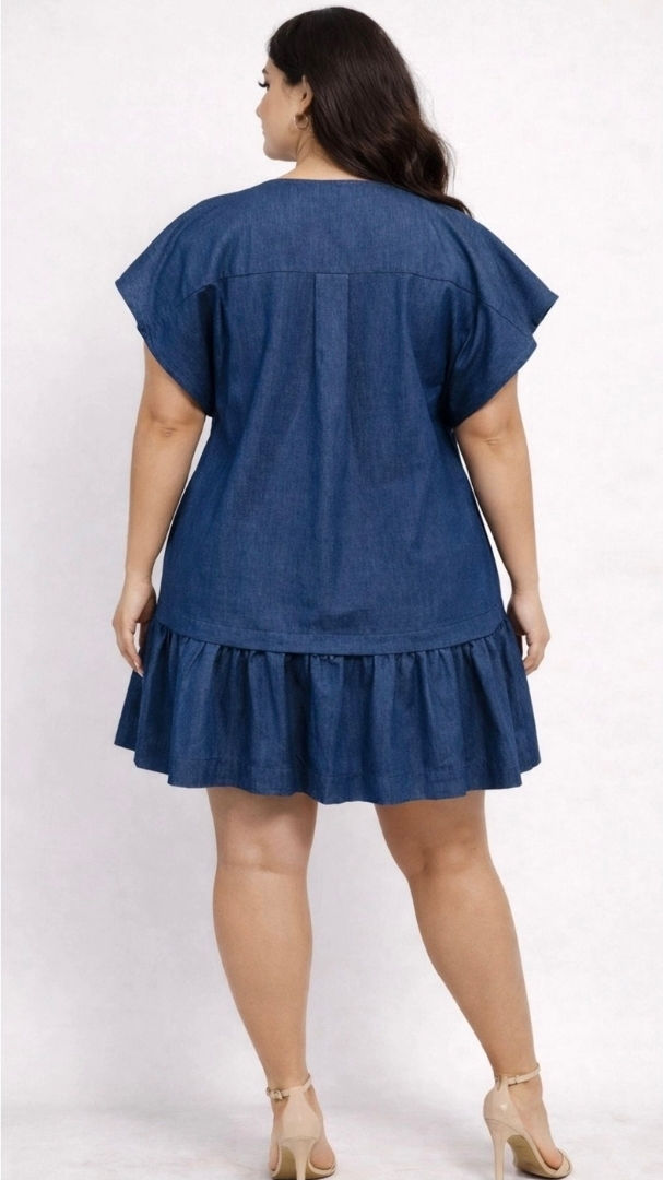 Thumbnail: Denim Ruffled Hem Mini Dress Plus Size 