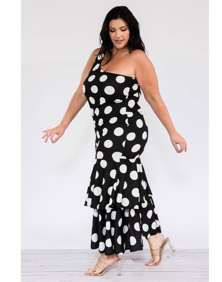 Thumbnail: Polka Dot One Shoulder Tiered Ruffled Dress Plus Size