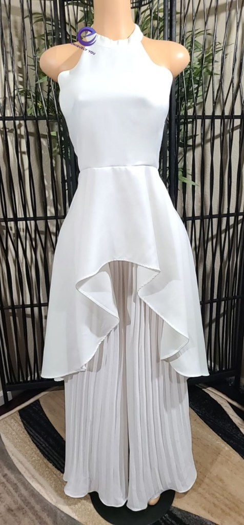Thumbnail: White Asymmetrical Halter Top with Flare Pants Set