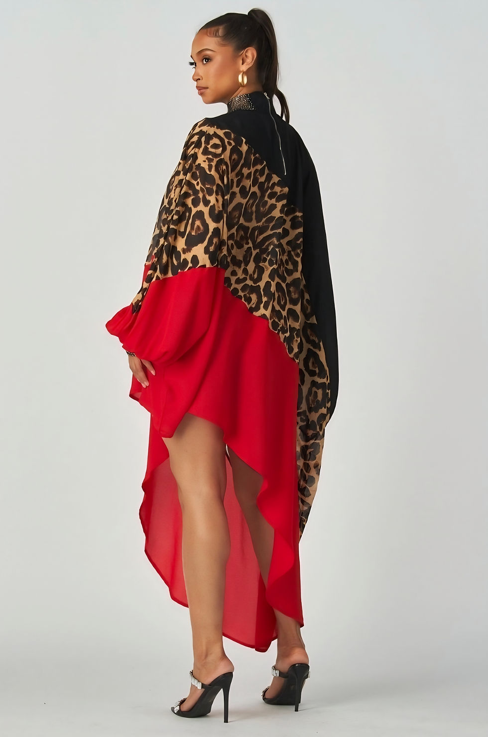 Thumbnail: Rhinestone Trim Asymmetrical Two Tone Animal Print Maxi Top