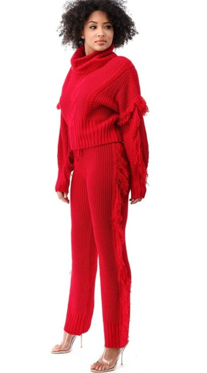 Thumbnail: Fringed Cable Knit Turtleneck Sweater and Pants Set