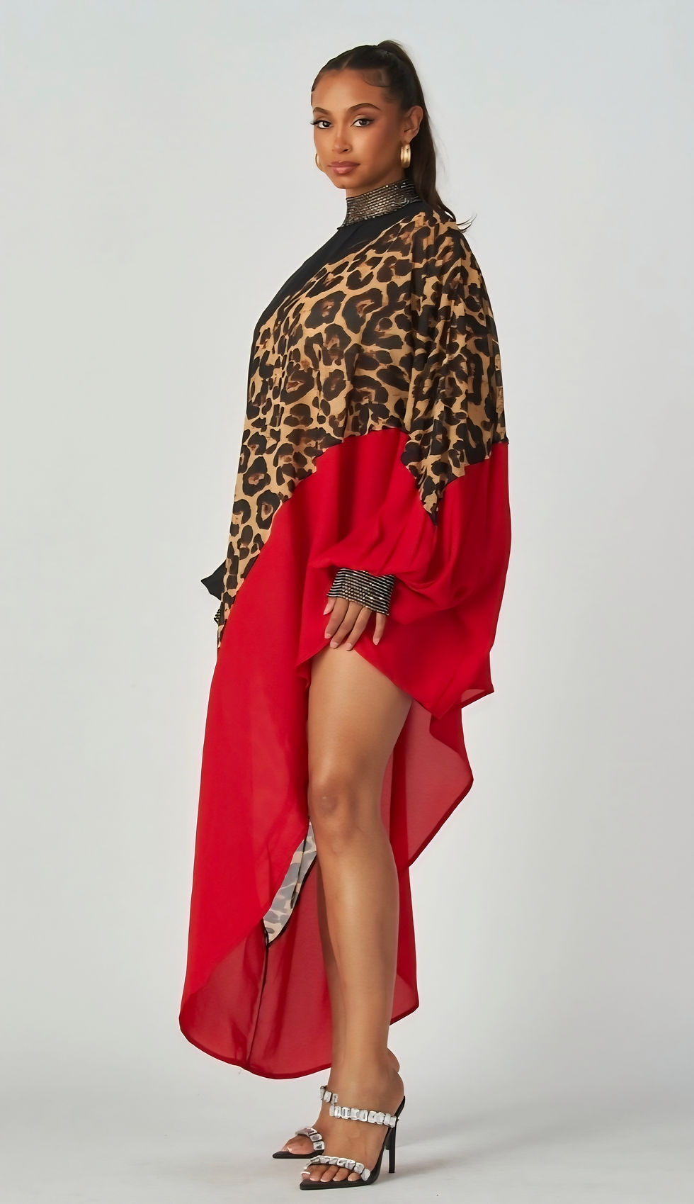 Thumbnail: Rhinestone Trim Asymmetrical Two Tone Animal Print Maxi Top