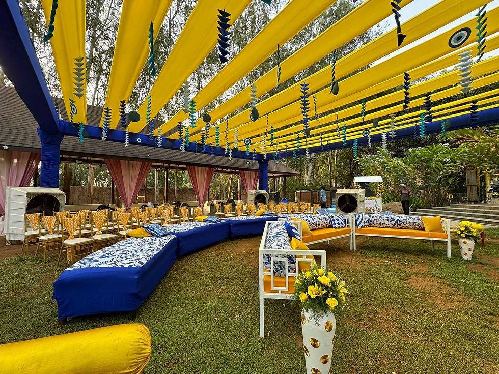 Yellow and Blue Boho Chic Haldi Decor by Meragi
