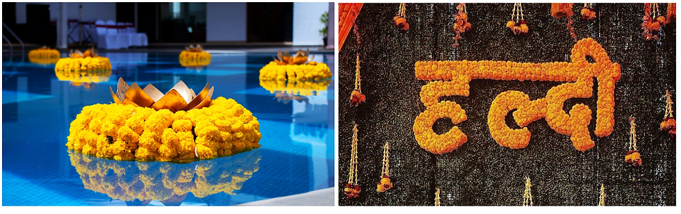 metal lotuses on flowers floating in a pool, haldi written in regional language with flowers