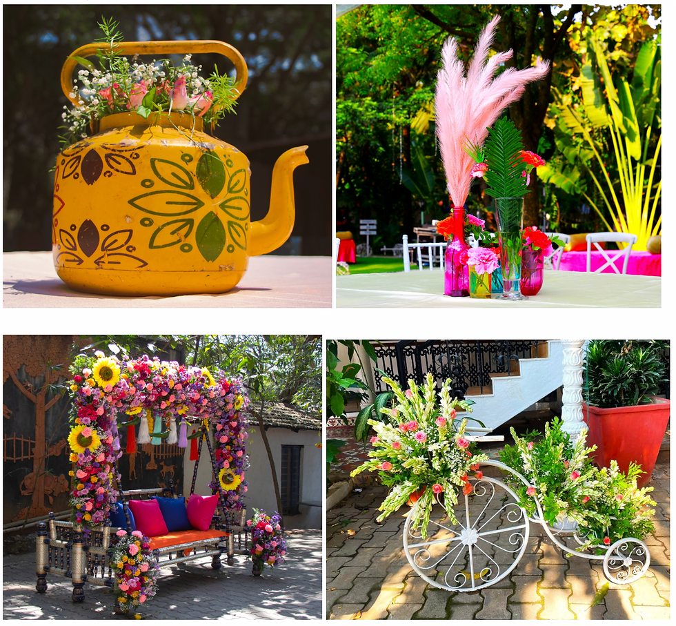 flowers in a teapot, feathers in bottles as centrepieces, a bench covered in florals, flowers in a bicycle