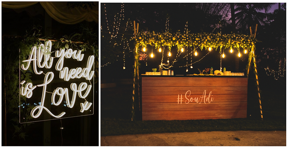 quote in neon light, interesting bar decor for wedding with hashtag