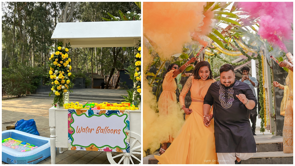 water balloons and colour poppers during haldi