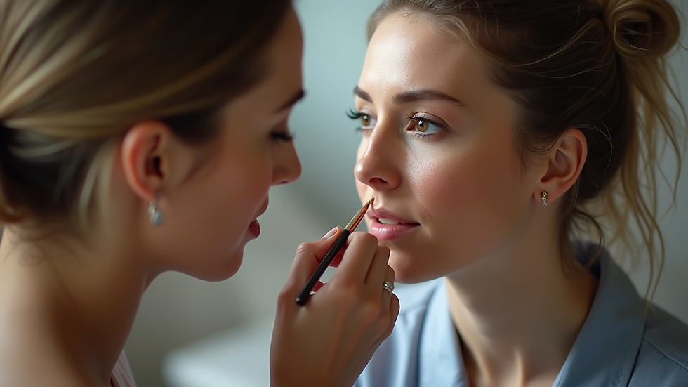 Close-up view of a beauty instructor demonstrating makeup techniques to a student