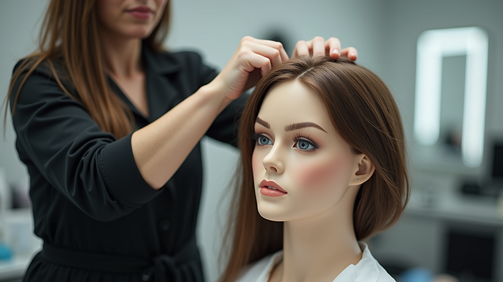 Eye-level view of a cosmetology student practicing hair styling on a mannequin