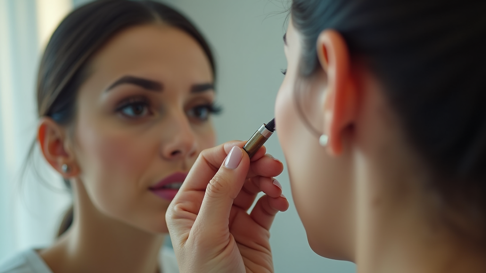 Close-up view of a cosmetology student applying makeup on a client in a training session