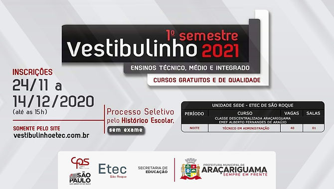 Vestibulinho para o primeiro semestre de 2021