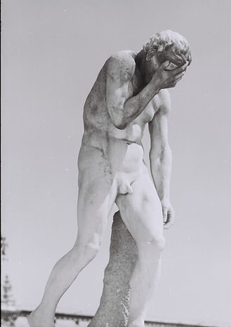 statue, paris, man, jardin tulierie, france, black and white photography