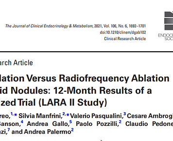 Radiofrequency ablation (RFA) seems to achieve a significantly larger nodule volume reduction rate (VRR) than laser ablation (LA) in benign nonfunctioning thyroid nodules (BNTNs).

Objective: 
To compare the efficacy and safety of both treatments at 12-month follow-up in patients with solid or predominantly solid BNTN.

Methods: 
This was a single-center, 12-month, randomized, superiority, open-label, parallel-group trial conducted in an outpatient clinic. Sixty patients with a solitary BNTN or dominant nodule characterized by pressure symptoms/cosmetic problems were randomly assigned (1:1 ratio) to receive either a single session of RFA or LA. Twenty-9 patients per group completed the study. The main outcome measures were VRR and proportion of nodules with more than 50% reduction (technical success rate).