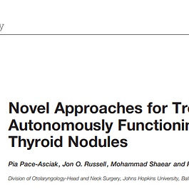 Benign thyroid nodules are exceedingly common in the adult population. Only a small percentage of nodules are toxic or autonomously functioning thyroid nodules (AFTNs). The options clinicians have for treating the symptoms of hyperthyroidism include anti-thyroidal medications, radioactive iodine, or surgery. Depending on the patient population treated, these options may not be suitable or have inherent risks that are undesirable to the patient. On the other hand, untreated hyperthyroidism can lead to osteoporosis, atrial fibrillation, emotional lability, and neurological consequences. Thus, we present a review of two novel safe and effective approaches for treating AFTN; one surgical (transoral endoscopic thyroid surgery) and one non-surgical (radiofrequency ablation), as a means for expanding our treatment armamentarium.

Radiofrequency ablation (RFA) is a novel minimally invasive approach that is a potential alternative to surgery for treating symptomatic benign nodules (43) as well as AFTN (44). This approach eliminates the need for a general anesthetic, an incision, radioactive iodine, or prolonged ATD treatment, making it an attractive non-surgical option. With the use of local anesthesia, the RFA probe is introduced into the midline of the anterior neck at the level of the isthmus, and the nodule is approached using the moving shot technique under ultrasound guidance (45). This causes tissue necrosis and fibrosis by introducing a high frequency alternating current, which raises tissue temperatures to 60 to 100 C (46). Over time, there is progressive shrinkage of the ablated nodule. In benign nodules, the volume of the nodule is thought to decrease between 50 and 80% for most patients, although this is operator and tumor dependent (47, 48).

RFA has been offered to patients internationally since 2000 and has been used to treat primary and metastatic tumors of the liver, lung, bone, and kidney and to ablate aberrant conduction pathways in the heart (49–53). More recently, RFA has been applied to the head and neck, particularly for thyroid nodules. While the early results have been promising internationally, there is little North American data (47, 48, 54–61). The current international recommendations for treating benign thyroid nodules include patients who are symptomatic or those who have a disfiguring goiter or a nodule that exceeds 2 cm, or if an AFTN is present (43, 44, 57). Prior to RFA treatment of AFTN, confirmation that the nodule is benign on at least one US-guided FNA or core biopsy is recommended, unless there are concerning features on ultrasound in which case two biopsies should be obtained (43, 44). Nodules that are benign on FNA but that have suspicious US features (EU-TIRADS 5), the latest European Thyroid Association Guidelines strongly recommend (moderate quality evidence) against thyroid ablation to avoid potential delay in treatment of a malignant lesion (62).